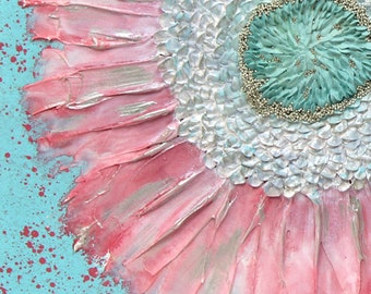 Big Flower Canvas Art with Impasto Painting, Original Textured Artwork in Pink, Aqua, Silver - Square 20x20 or 24x24