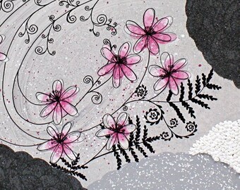 Textured Line Art on Canvas, Abstract Flower Painting for Teen Girl's Room Decor in Fuchsia Pink and Gray, OOAK Art - 24x20