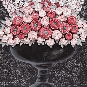 3D Floral Art, Textured Painting with Sculpted Flower Bouquet in Pink, Charcoal on Canvas for Entryway Decor - 20x24