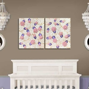 Nursery Floral Wall Art, Sculpted 3D Flowers on 2 Canvas Paintings for Girl's Room in Beige, Pink, Purple - Large 41X24