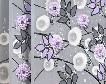 3D Flower Art for Purple and Gray Nursery Wall Art, Large Painting on 3 Canvas Triptych - 50x20