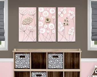 Flower Paintings for Pink Girl's Nursery Decor, Three Piece Canvas Art Original with Texture - 32x20