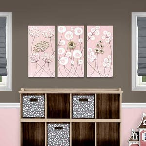 Girl's nursery setting view of flower paintings on a three piece canvas art original triptych with texture