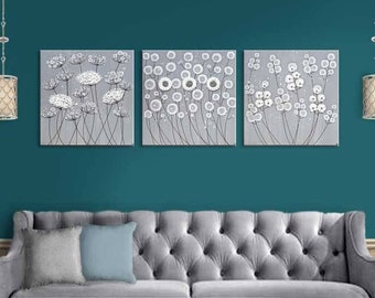 Extra Large Wall Art for Neutral Living Room, Flower Painting on 3 Piece Canvas Original - 62x20