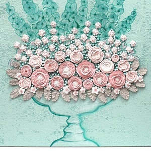 Sculptural Floral Art Bouquet of Pink Roses on Textured Canvas, 3d Textured Original Painting, OOAK - 20x24