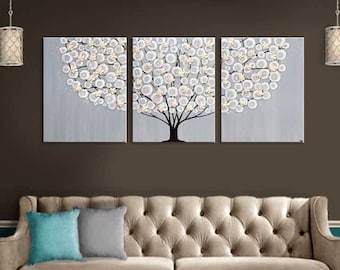 XL Canvas Art Painting for Living Room Over Sofa Art, Textured Tree in Bloom on Triptych Original Art, Gray - 62x24