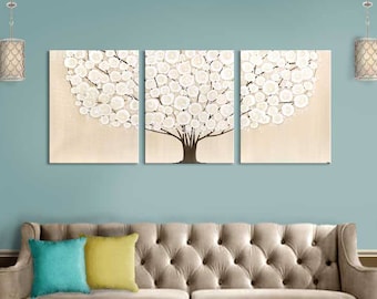 Minimalist Living Room Art, Neutral Beige Tree Painting on Triptych Canvas, Original Artwork - Extra Large 62X24