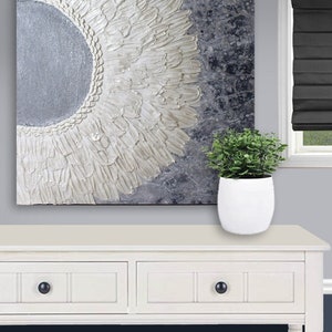 Silver Textured Painting, Original Impasto Artwork, Silver and White Sunflower Painting on Canvas - 20X24