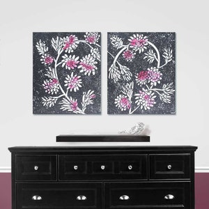 Flowery Heart Painting in Charcoal Gray and Berry Pink, Original Artwork on Diptych Canvas, OOAK Art 41X24 image 2