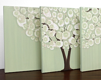 Minimalist Wall Art for Boy's Room, Green Woodland Tree Painting on Split Canvas Triptych - 35x14