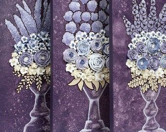 Sculpted Purple Rose Triptych: Floral Still Life Painting, 3D Art, 32X20