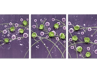 Abstract Wall Art with Hand Crafted 3d Flowers on a Large Triptych Canvas Painting, Purple, Green, OOAK Art - 50x20