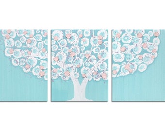 Girl's Pink and Aqua Nursery Wall Art, Flowering Tree with Impasto Texture on Triptych Canvas - 35x14