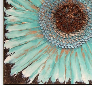 Impasto Painting of Sunflower, Sculptural Art in Teal, Tactile Art on Canvas  - 20x20