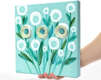 Small Painting of Shimmering Desert Flowers in Green, Blue - Square Canvas 10x10