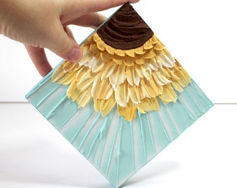 Impasto Sunburst Painting: Miniature Canvas Art in Blue and Yellow, 6x6
