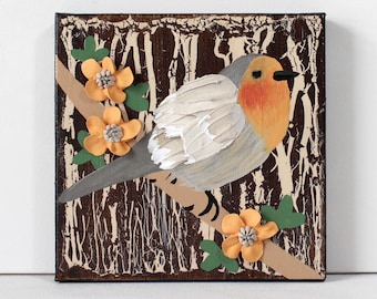 Textured Robin Painting: Impasto Bird, Woodland Nature Art, Mini Canvas, 6x6