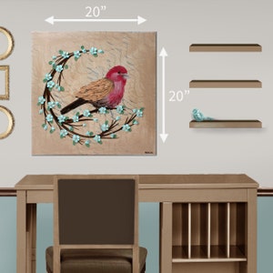 Size guide for 20x20 painting of red finch bird with impasto textured copper feathers on a robins egg blue flowering branch fitting above a desk