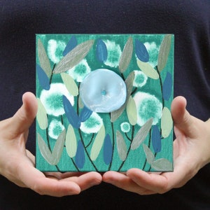 Blue Flower Painting for Mother's Day Gift, 3D Floral Art in Cool Tones on Mini Canvas - 6x6