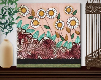 Boho Daisy Folk Art Painting on Canvas in Earthy Jewel Tones, Textured Flower Artwork Original - 12x12
