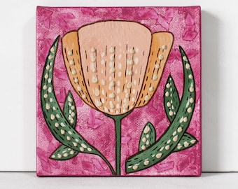 Peach Tulip Painting: Mini Canvas, Fuchsia Pink, Textured Folk Art, 6x6