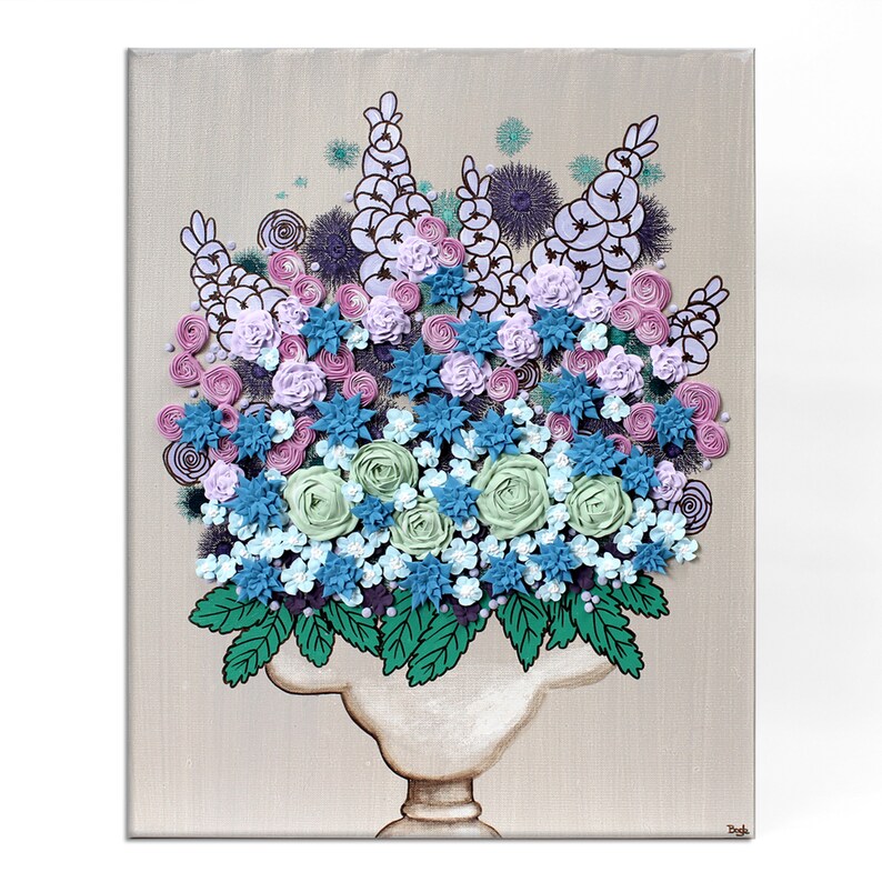 Front view of farmhouse wall art for entryway with sculpted 3d flowers in a vase still life painting on canvas