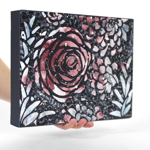 Little Rose Painting in Red and Charcoal on Canvas, Original Art for Shelf Decor - OOAK 12x9