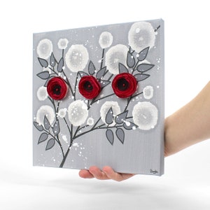 Red Rose Painting with Fluffy Hand Crafted Flowers on Small Canvas in Red, Gray - 10x10