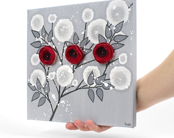 Red Rose Painting with Fluffy Hand Crafted Flowers on Small Canvas in Red, Gray - 10x10