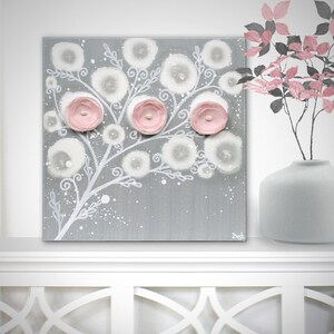 Gray and Pink Nursery Art on Little Canvas for Shelf Decor, Painting with 3D Flowers, Gift for Baby Girl - 10x10