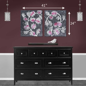 Large size guide for romantic painting of heart with gray and pink floral heart on original wall art diptych canvas fitting above a double dresser