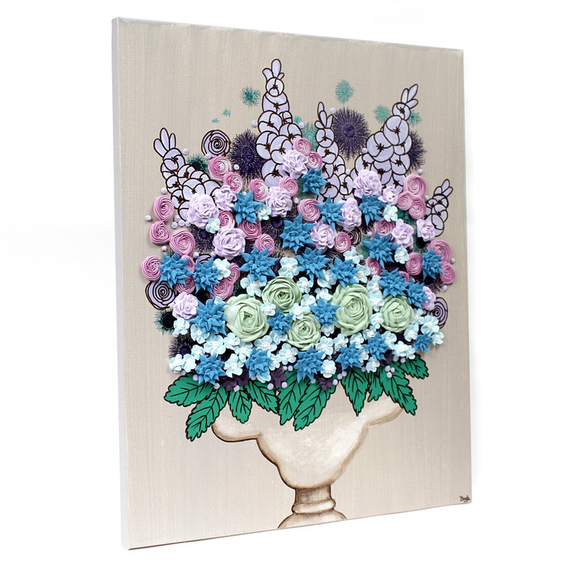 Side view of farmhouse wall art for entryway with sculpted 3d flowers in a vase still life painting on canvas