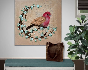 Painting of Bird, Textured Red Finch on 3d Flowering Branch Painted on Square Canvas for Farmhouse Wall Art - 20x20