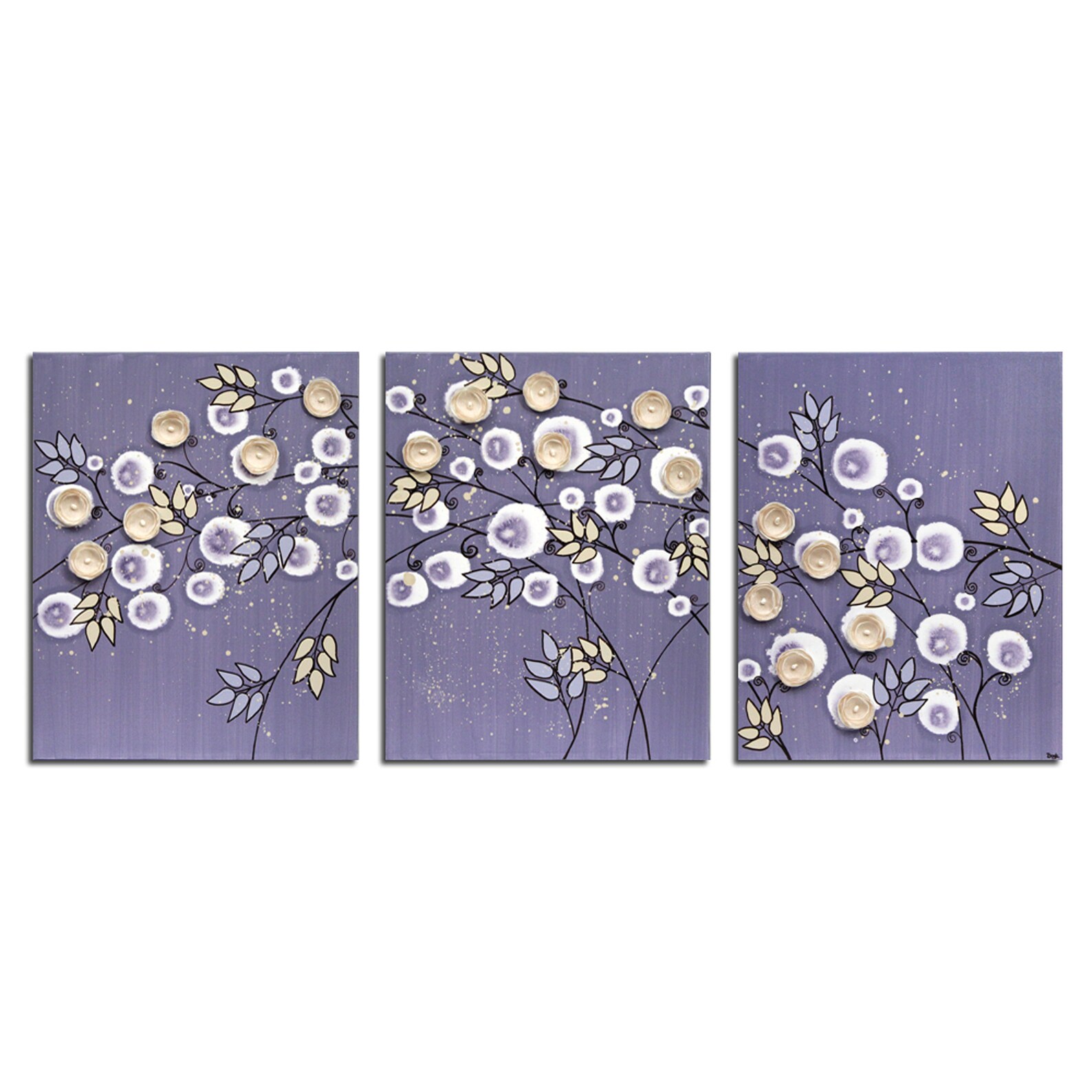 Large Purple Wall Art With 3D Flower Branches on Triptych Etsy