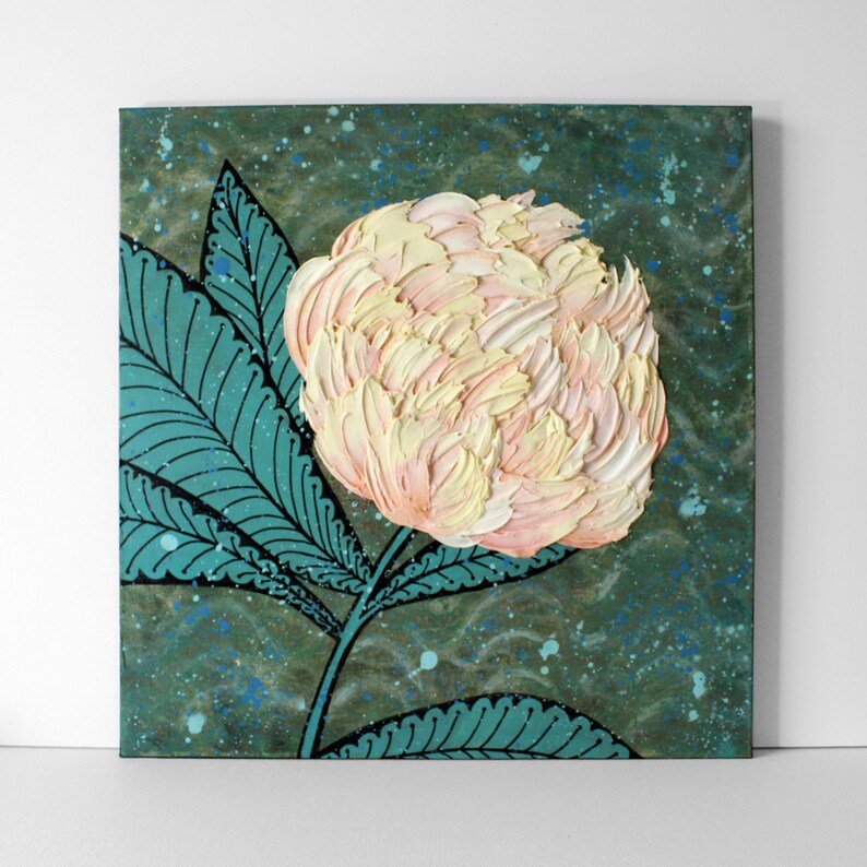 Front view for peach peony painting with impasto texture on a green and teal canvas art original