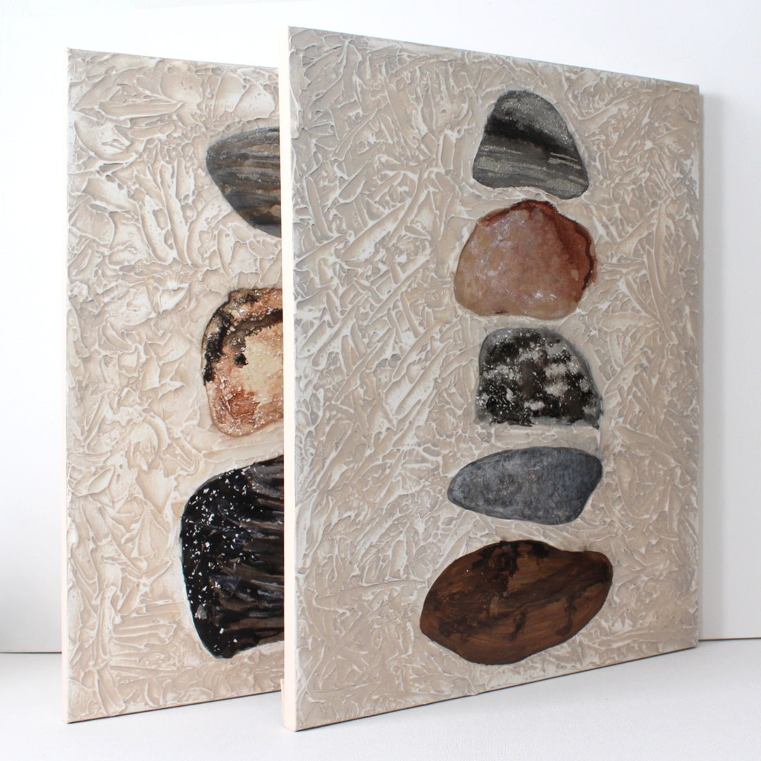 Textured Rock and Mineral Painting: Original Neutral Canvas Art Diptych ...