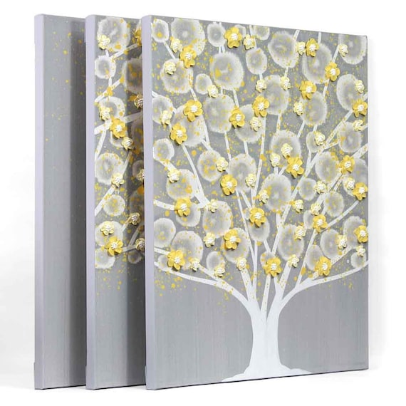 Yellow and Gray Wall Art on Split Canvas Triptych Original Etsy