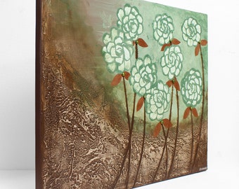 Woodland Painting: Textured Earth Tones, Copper and Green Flowers, 20x16