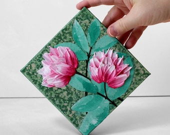 Rose Painting: Green and Pink Flower, Impasto on Mini Canvas, 6x6