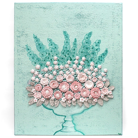 Textured Wall Art Canvas Pink and Teal Sculpted Rose Floral Etsy