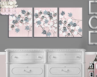 Rambling Rose Painting on Large 3 Piece Canvas for Baby Girl's Nursery Art in Pink and Gray, 3D Flower Wall Decor - 50x20