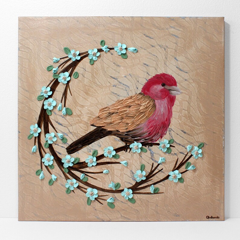 Front view of painting of red finch bird with impasto textured copper feathers on a robins egg blue flowering branch for farmhouse wall art