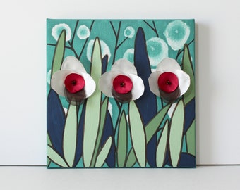 Red Orchid Art on Canvas for Mother's Day Gift, Hand Crafted Flowers on Small Painting in Green, Teal - 10x10