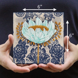 Mini size guide for 6x6 painting in art deco style with a blue impasto flower on a textured background with golden leaves