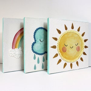 Kid's Room Wall Art Painting with Textured Rain, Sunshine, and Rainbow Weather on Triptych Canvases - 38x12
