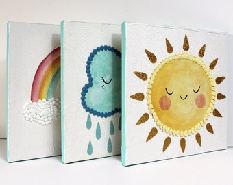 Kid's Room Wall Art Painting with Textured Rain, Sunshine, and Rainbow Weather on Triptych Canvases - 38x12