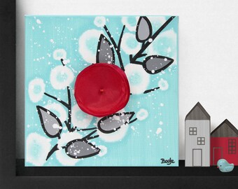 Painting on Mini Canvas with 3d Flower in Red, Black, Aqua for Cubicle Décor, Original Artwork - 6x6