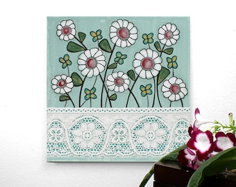 Original Folk Art Painting for Kitchen, Flowers and Lace on a Small Square Canvas - 12x12