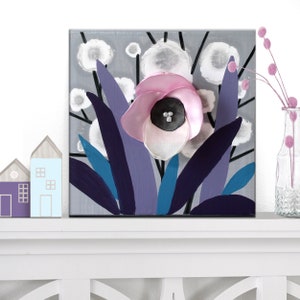 Spring Flower Painting in Purple and Gray for Mother's Day Gift, 3D Orchid Artwork Original on Mini Canvas - 6x6