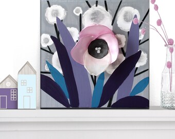 Spring Flower Painting in Purple and Gray for Mother's Day Gift, 3D Orchid Artwork Original on Mini Canvas - 6x6